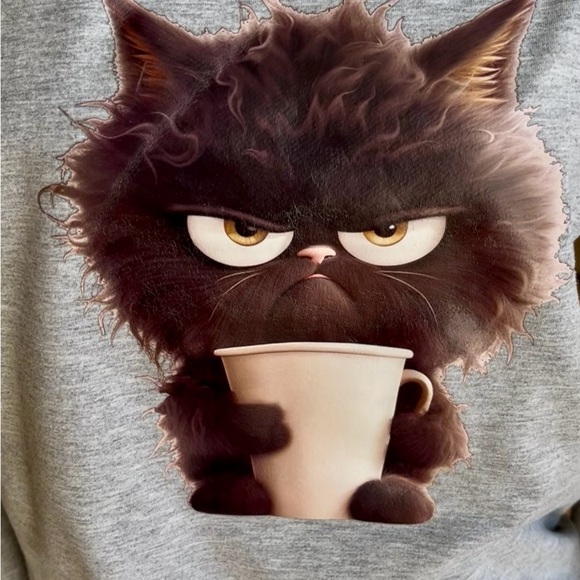 Gray Cat Sweatshirt with Coffee Print - Picture 10 of 10